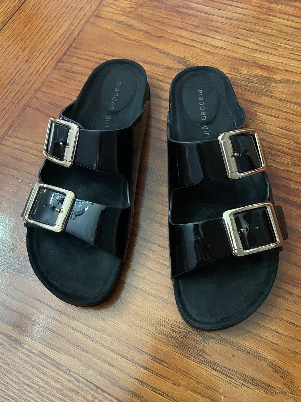 Madden Girl Black Patent Double Buckle Slide Sandals